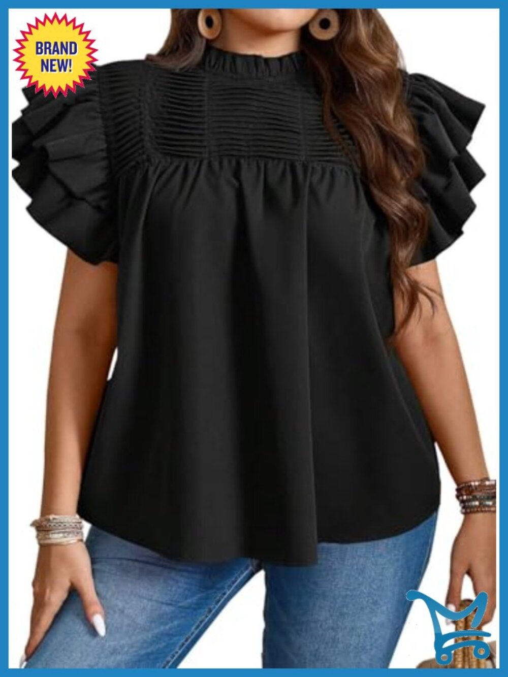 Ruffle Sleeve Pleated Blouse Mock Neck Loose Fit Summer Top